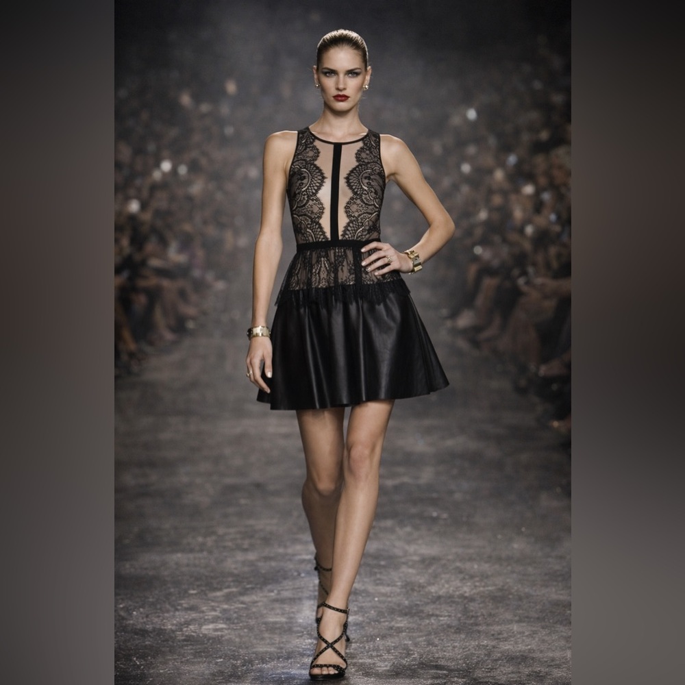 BCBGMaxAzria ‘Layton’ Black Lace & Faux Leather Cocktail Dress – Size 0